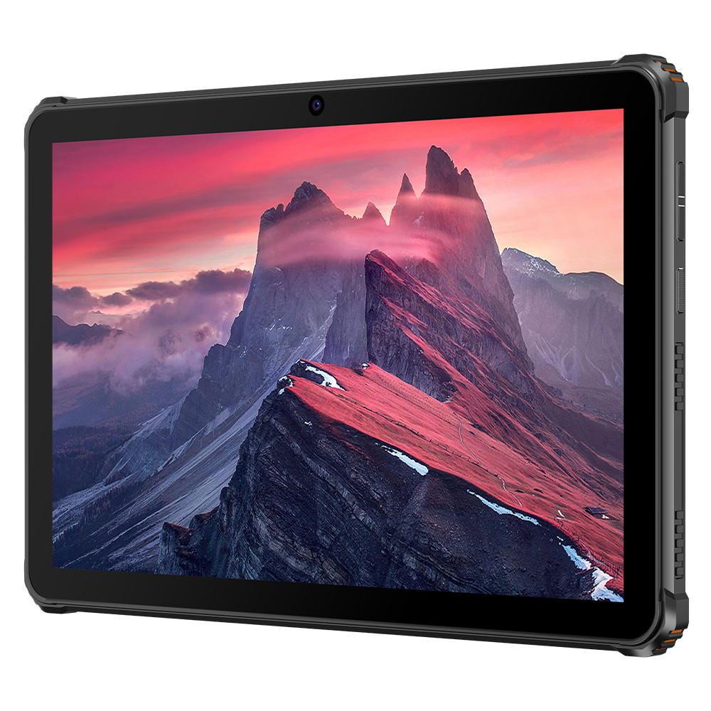 Tablet che mostra un paesaggio montuoso con picchi rossi e grigi, una fotocamera è in alto. Il tablet ha una cornice nera robusta.