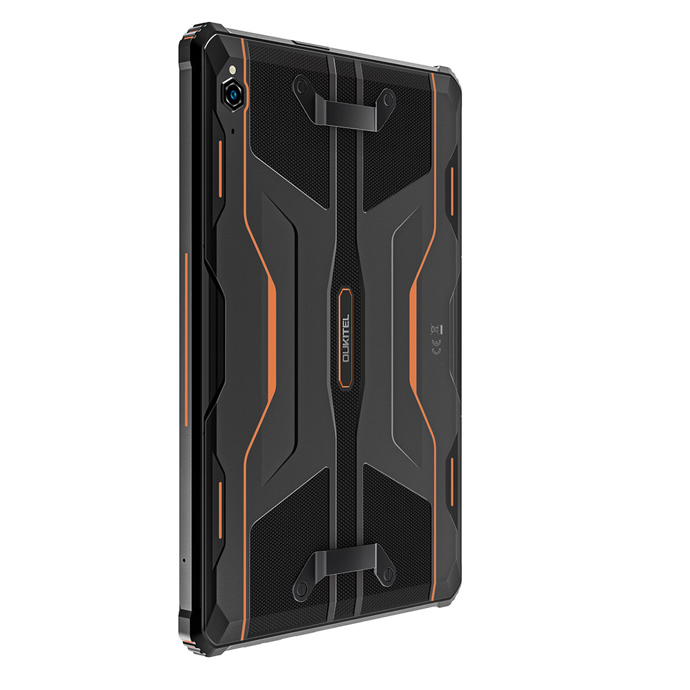 Tablet nero e arancione con design robusto. Presenta fotocamera, marchio e supporto.