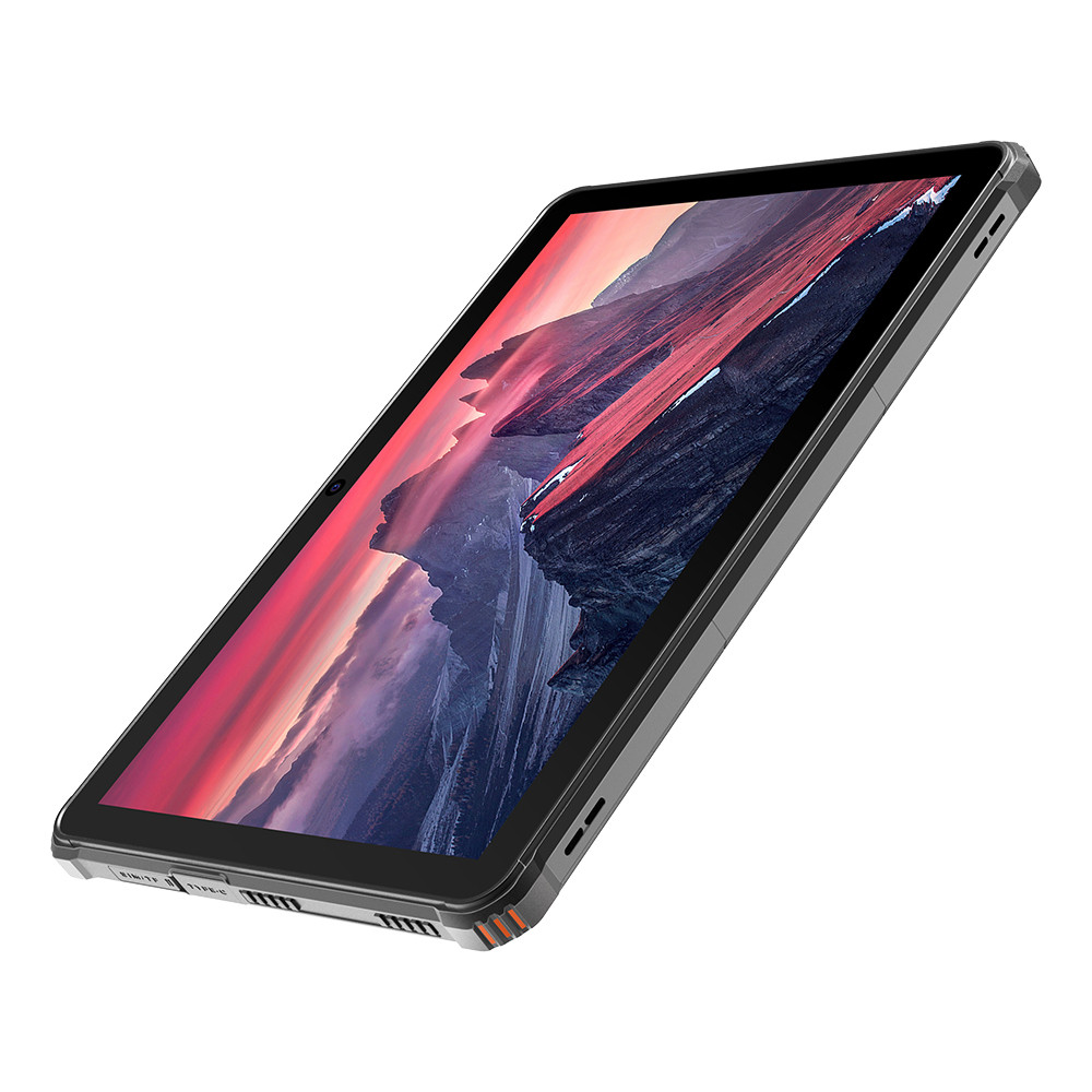 Un tablet con un paesaggio montano sullo schermo. Ha una cornice nera con bordi grigi ed è angolato verso destra.
