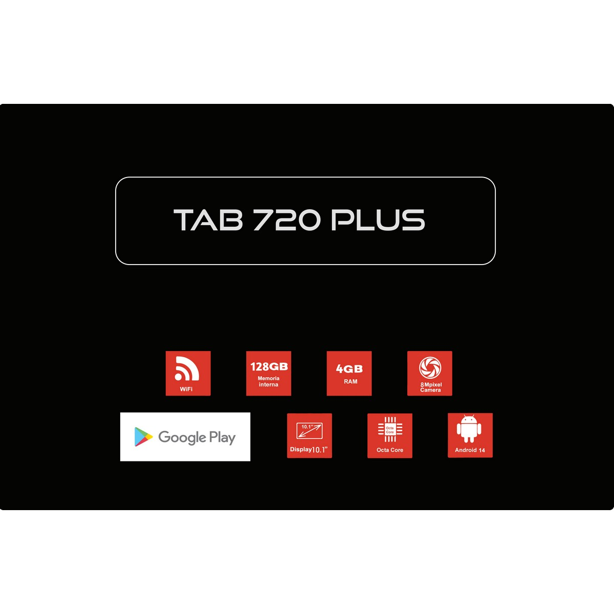Tablet nero con la scritta 'TAB 720 PLUS'. Sono presenti icone per WiFi, memoria, RAM, fotocamera, Google Play e Android 14.