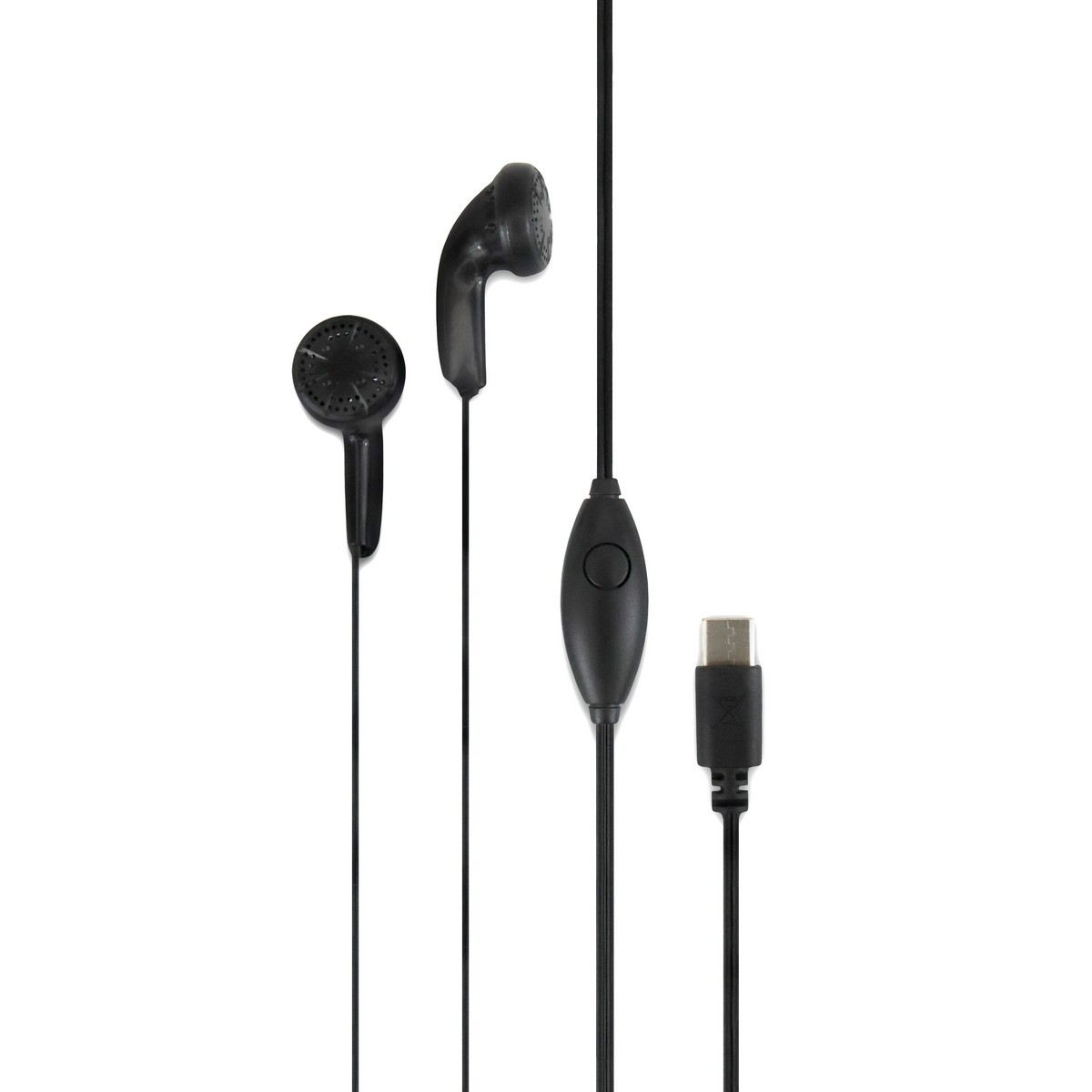Zwarte bedrade oortelefoons met een bedieningsmodule en een USB-C-connector op een witte achtergrond. Twee oortelefoons zijn zichtbaar.