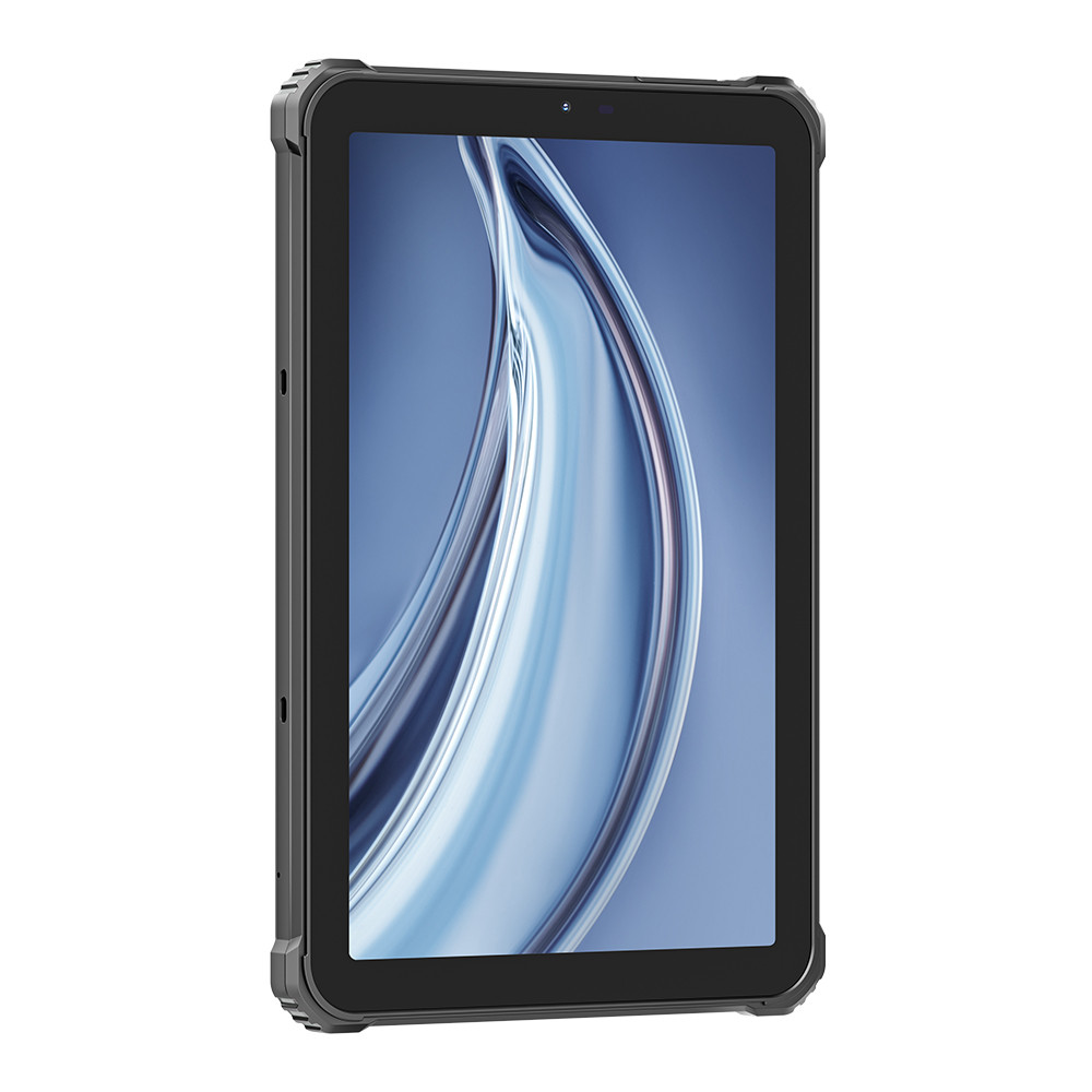 Un tablet nero con custodia protettiva. Lo schermo mostra un'immagine sfocata e astratta con toni blu e bianchi.