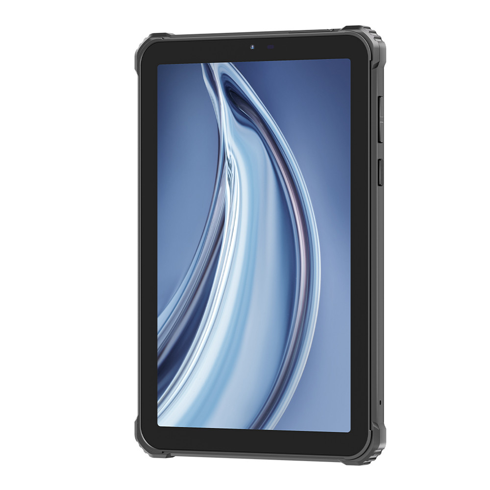 Tablet nero con schermo che mostra onde astratte blu e argento. Il tablet ha una cornice protettiva e pulsanti laterali.