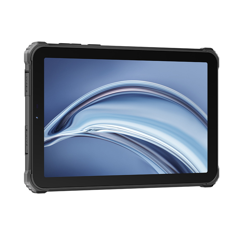Un tablet nero con custodia protettiva. Lo schermo mostra un motivo blu astratto e ondulato. Il tablet è leggermente angolato.