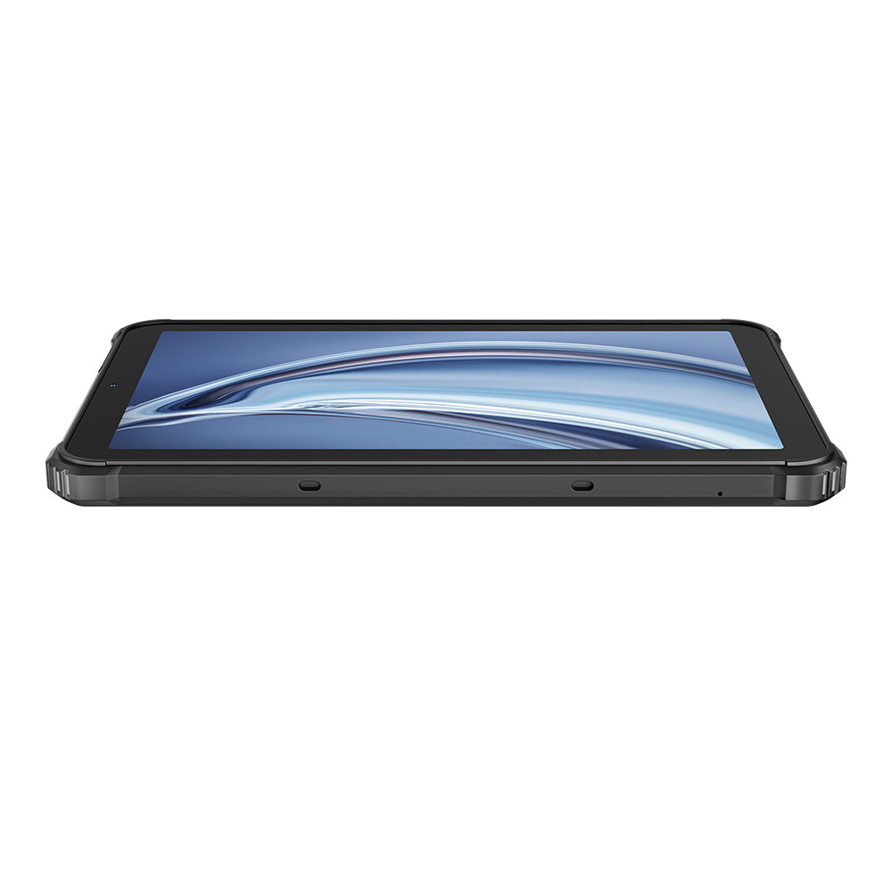 Un tablet nero è mostrato orizzontalmente. Lo schermo mostra un design astratto blu e bianco. Il tablet è su sfondo bianco.