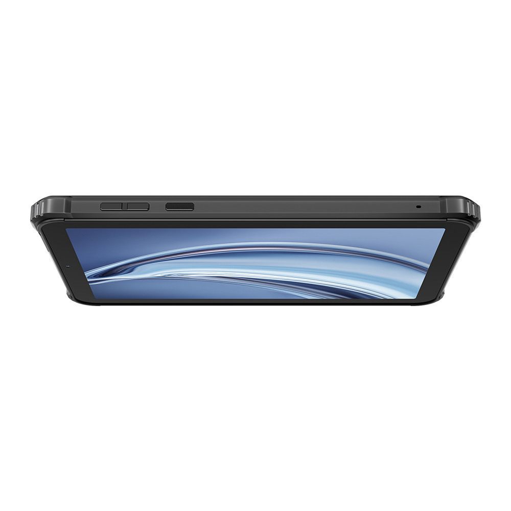 Un tablet nero è mostrato in prospettiva, mostrando lo schermo con un design blu ondulato. Il bordo superiore ha pulsanti e una fotocamera.