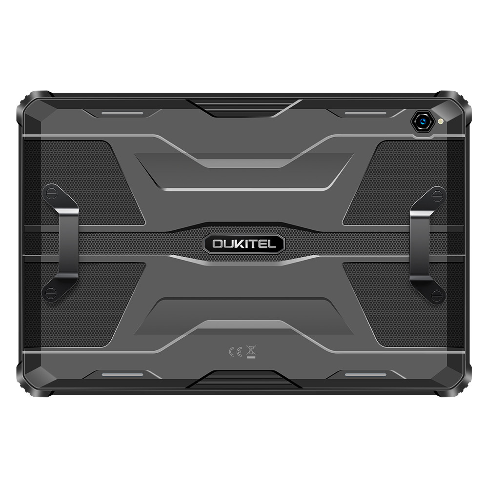 È mostrato il retro di un tablet Oukitel grigio. Ha una fotocamera, maniglie e il logo Oukitel.