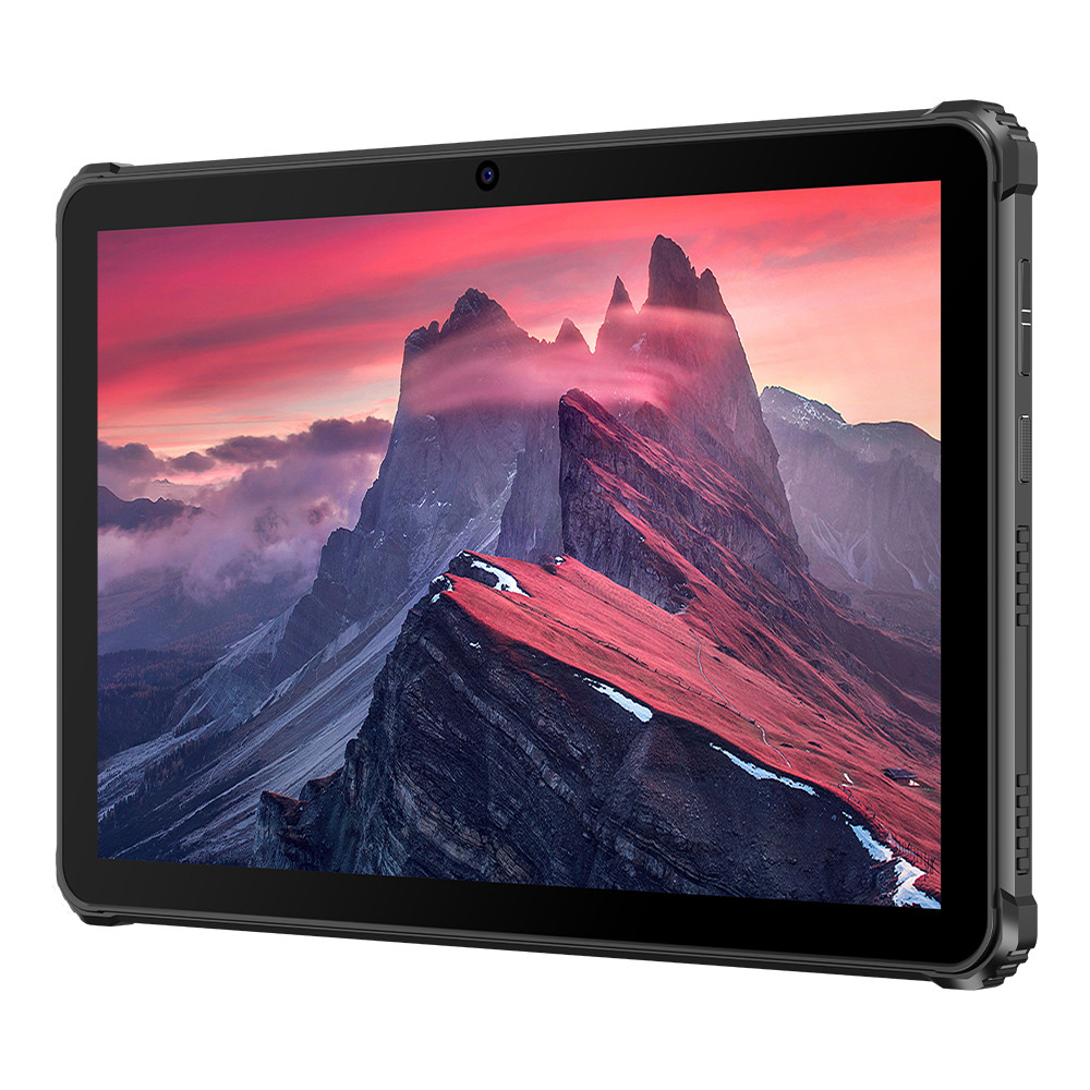 Tablet nero che mostra un paesaggio montano con tonalità rosse e viola. Il tablet ha una fotocamera in alto.