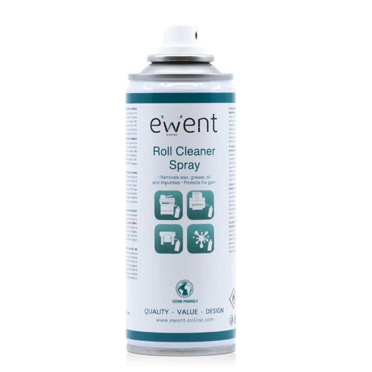 Una bomboletta spray di Ewent Roll Cleaner. Ha un tappo bianco e un'etichetta con testo e icone, tra cui stampanti e un simbolo del globo.