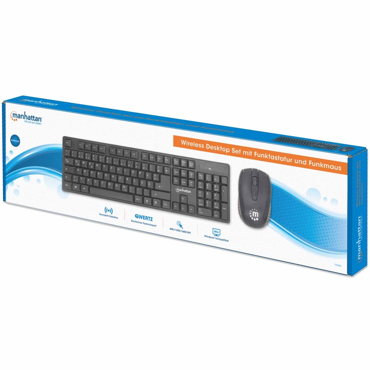 Scatola con un set tastiera e mouse wireless. La scatola è blu e bianca. La tastiera è nera.