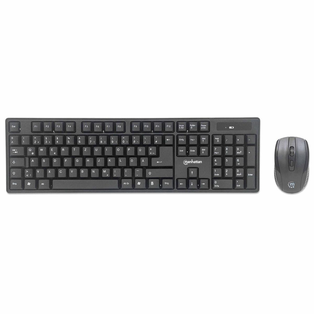 Un set di tastiera e mouse Manhattan neri su sfondo bianco. La tastiera ha tasti e il mouse è a destra.