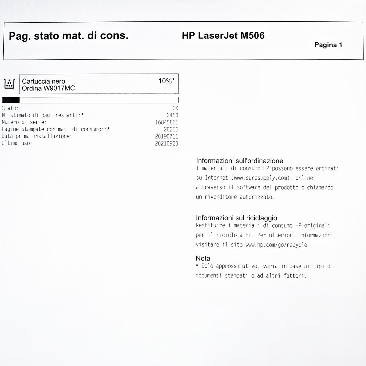 Una pagina di stato della stampante, con dettagli sulla cartuccia del toner, l'utilizzo e le informazioni HP LaserJet M506.