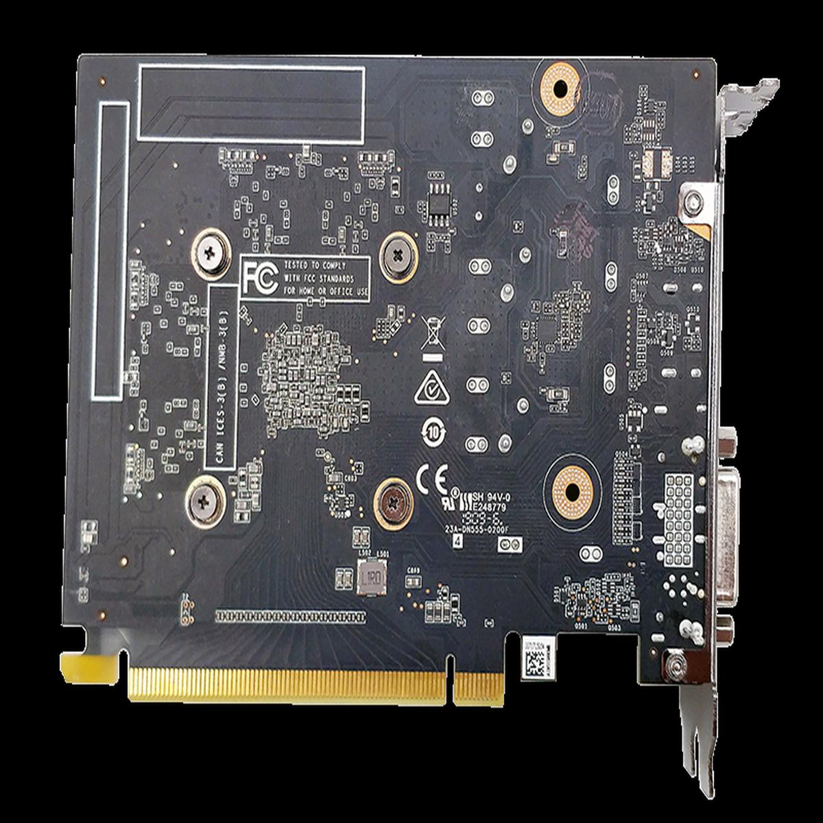 Eine schwarze und goldene Computer-Grafikkarte ist abgebildet. Sie weist verschiedene Komponenten, Schaltkreise und Anschlüsse auf.