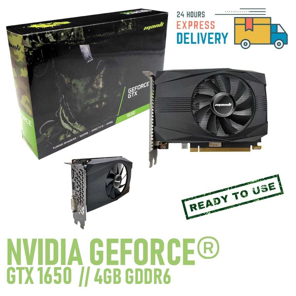 Grafikkarte mit schwarzem Lüfter, Box mit Soldatenbild und Text. Text: NVIDIA GEFORCE GTX 1650 und 'Ready to Use' Stempel.