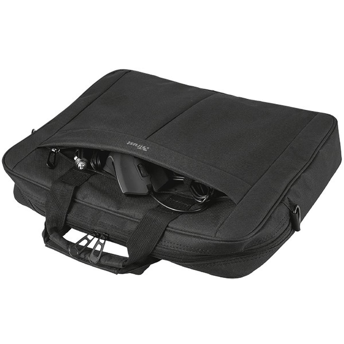 Eine schwarze Laptoptasche mit offenem Reißverschluss, die eine Maus, Kabel und andere Gegenstände zeigt. Die Tasche hat einen Griff.