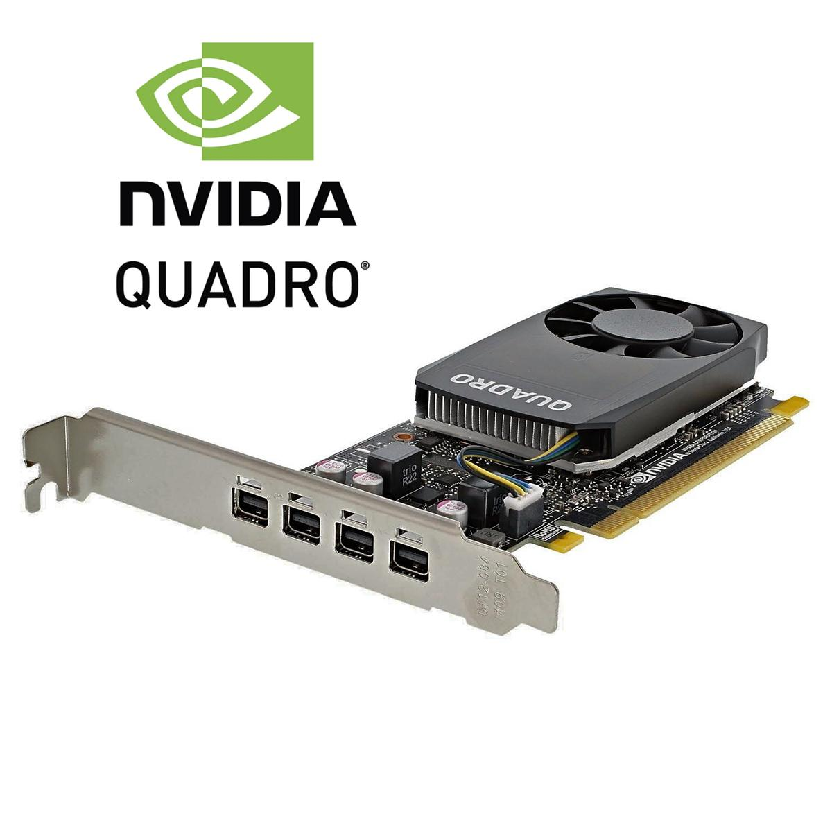Una scheda grafica NVIDIA Quadro. Ha una ventola nera, una staffa argentata e i loghi NVIDIA e Quadro sono visibili.