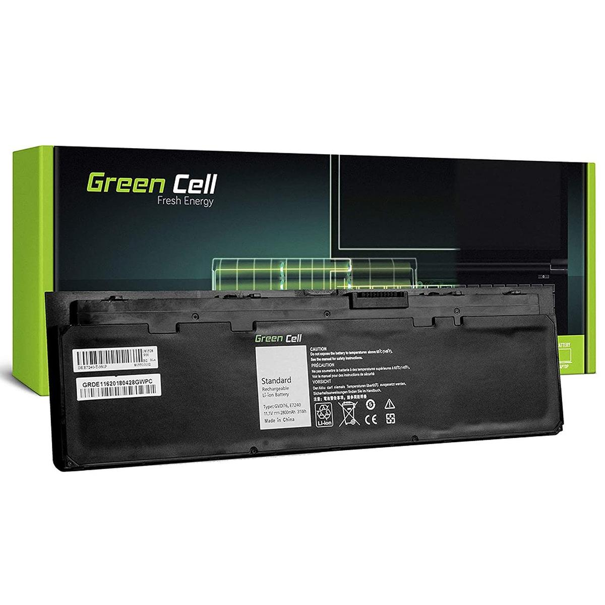 Viene mostrata una batteria per laptop con l'etichetta 'Green Cell'. È nera, con una scatola dietro con il marchio e un design verde/nero.