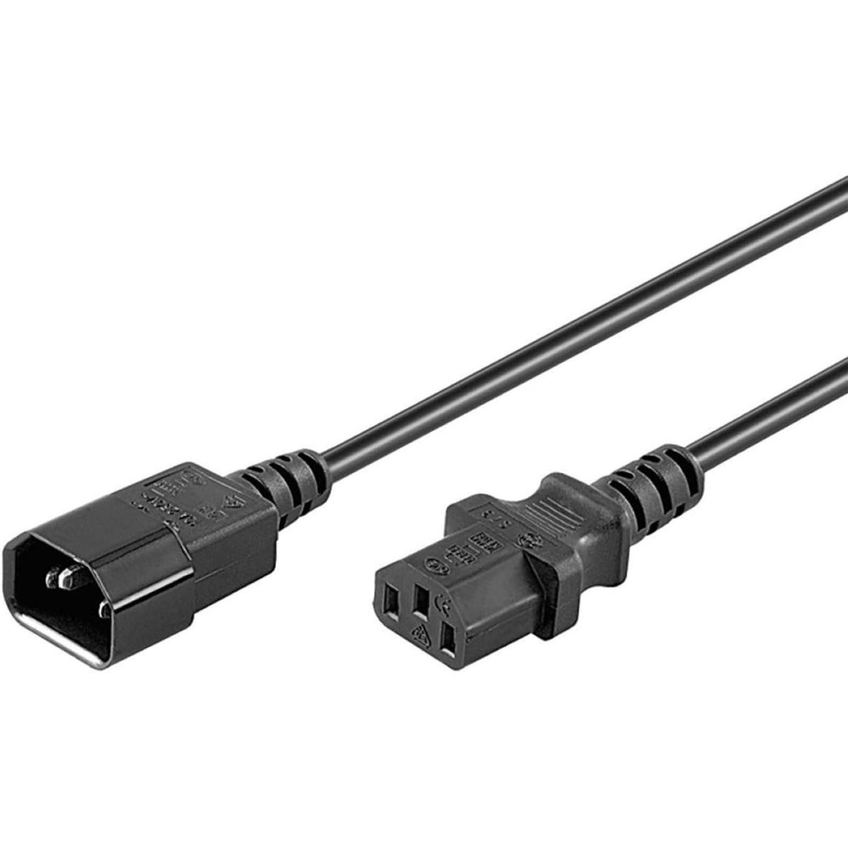 Czarny kabel zasilający z dwoma złączami. Jeden ma trzy otwory, drugi dwa. Oba są kątowe, a kabel jest prosty.