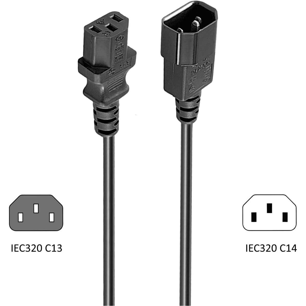 Dwa czarne przewody zasilające ze złączami IEC320 C13 i C14. Schematy złączy na dole.