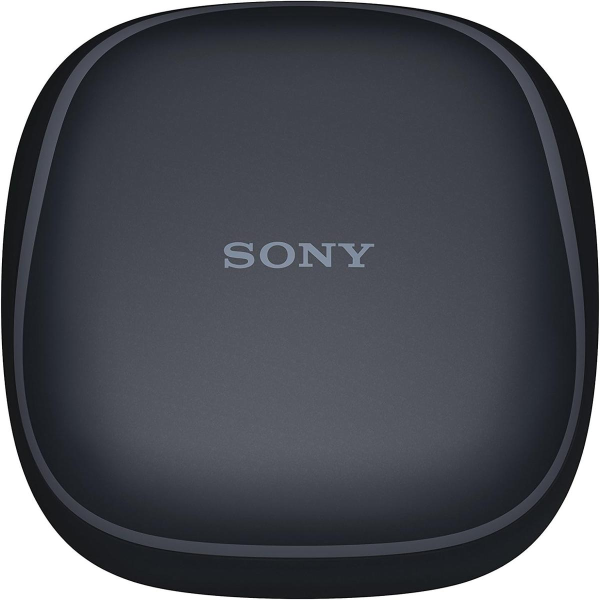 Un dispositivo grigio scuro e arrotondato con il marchio 'SONY' al centro. Il dispositivo ha una superficie liscia e riflettente.