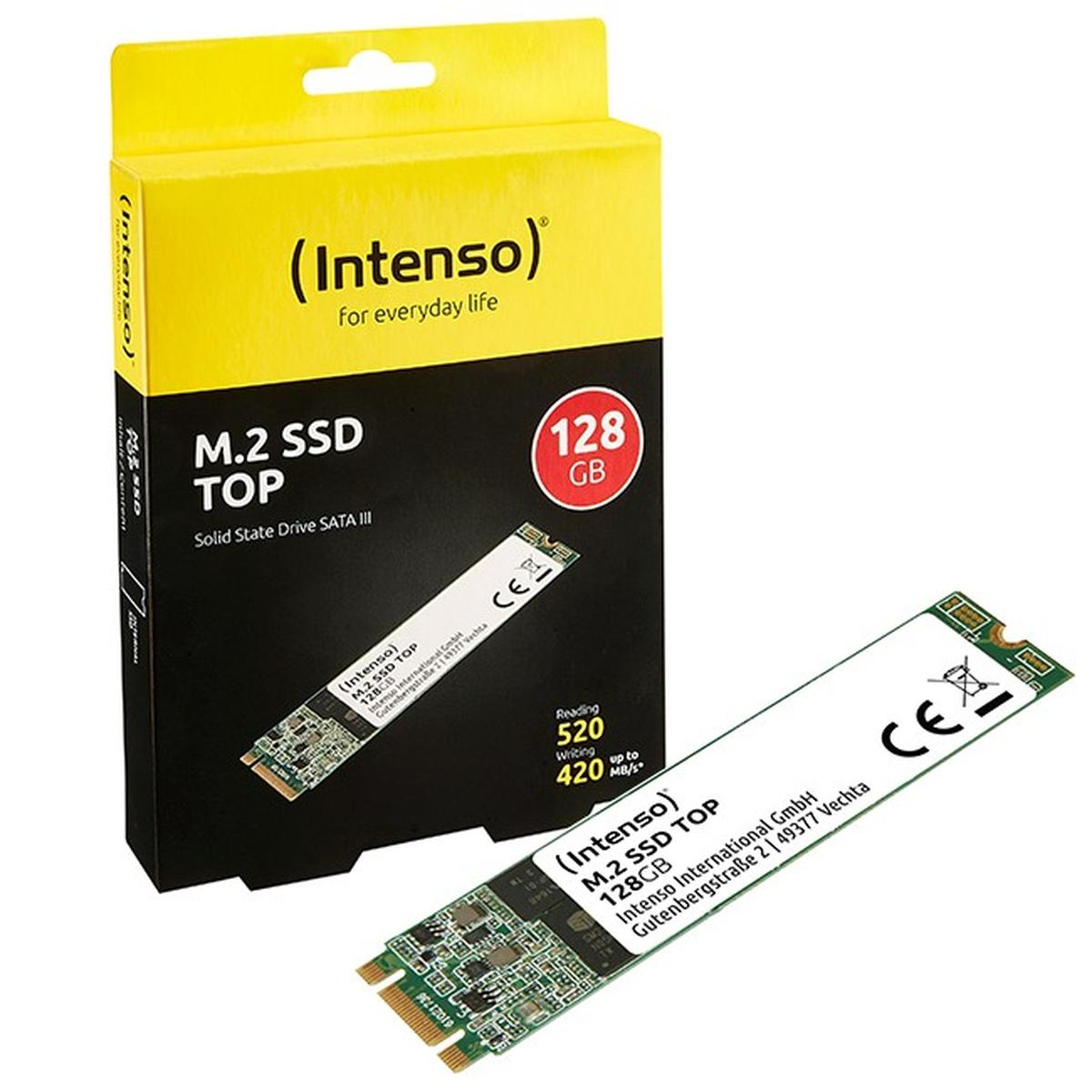 Une boîte jaune et noire avec une carte SSD M.2 de 128 Go. La boîte est étiquetée 'Intenso' et la carte est à l'extérieur.