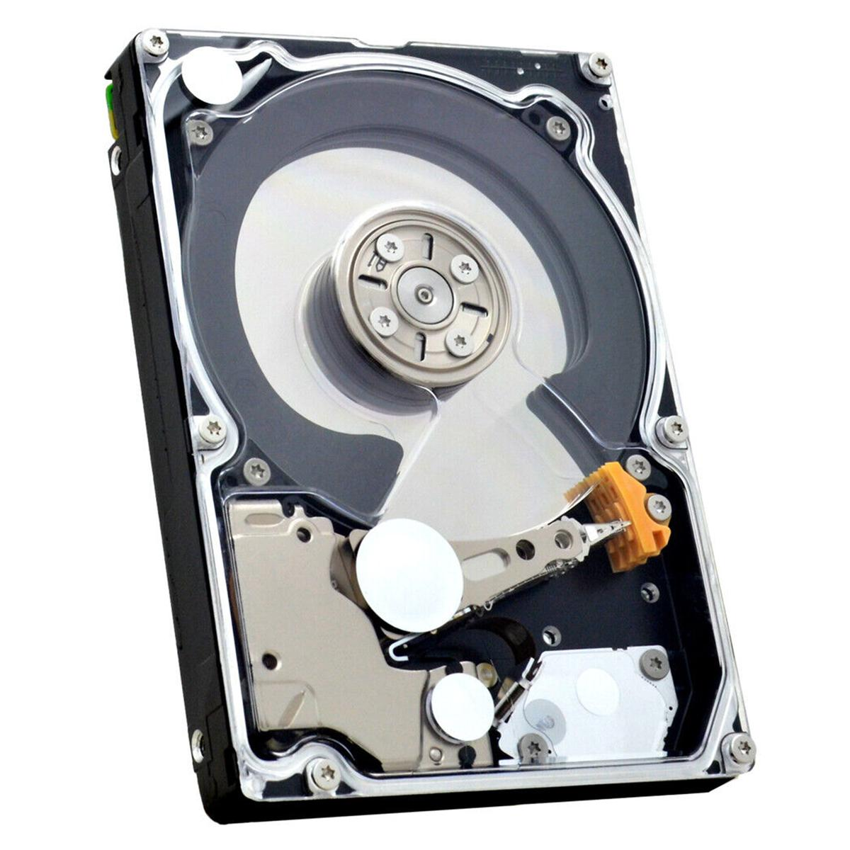 Wewnętrzny dysk twardy z przezroczystą pokrywą. Widoczne srebrne i czarne elementy, w tym dysk, ramię i silnik.