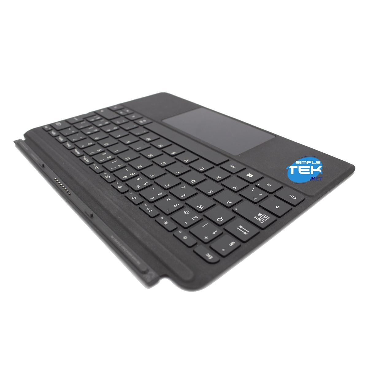 Eine schwarze Tablet-Tastatur mit Tasten, einem Touchpad und einem Logo. Die Tastatur liegt auf einer weißen Oberfläche.