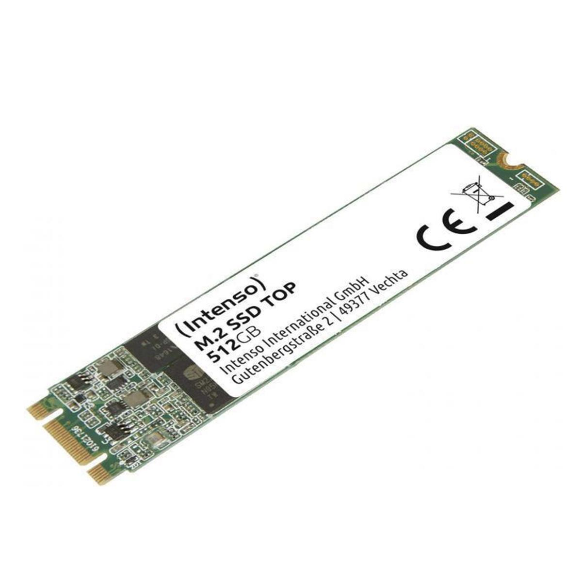 Karta M.2 SSD, marki Intenso, 512 GB. Posiada elementy elektroniczne i etykiety tekstowe. Karta leży na białej powierzchni.