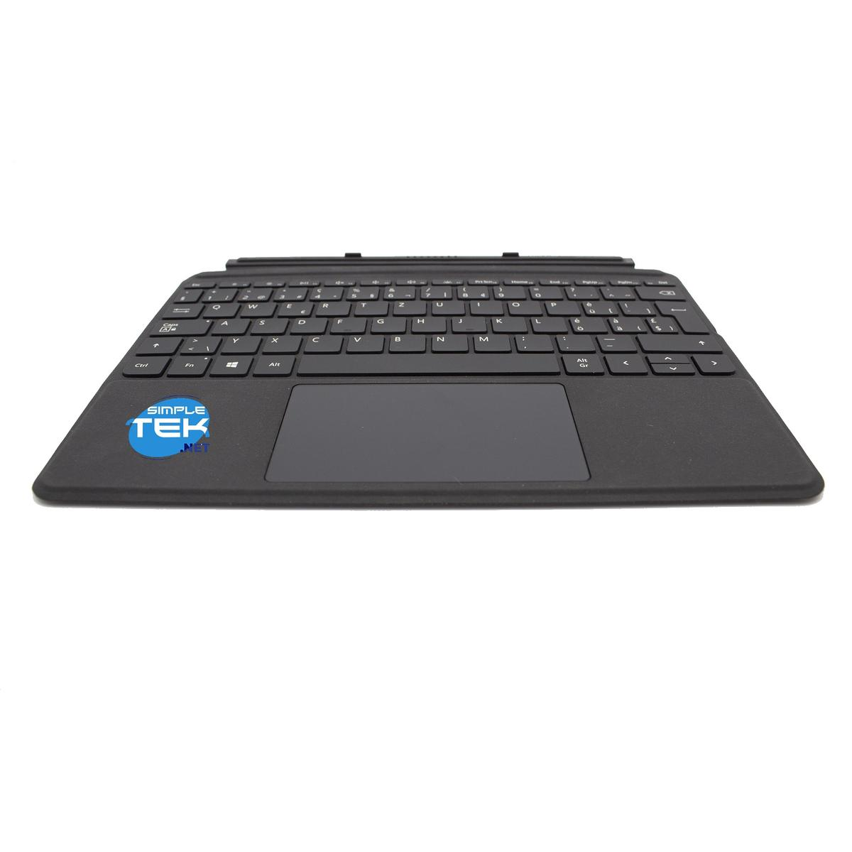 Eine schwarze Tastatur mit Touchpad und Tasten. Die Tastatur hat einen Simple Tek-Aufkleber. Weißer Hintergrund.
