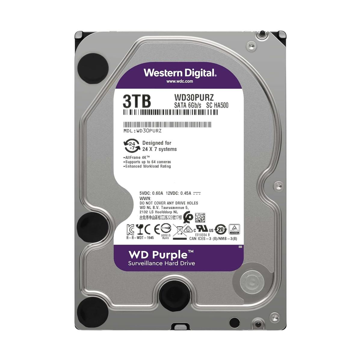 Un disco duro Western Digital morado y plateado. Texto incluye '3TB', 'WD Purple' y especificaciones técnicas.
