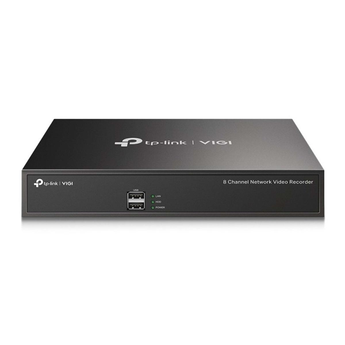 Registratore video di rete TP-Link VIGI a 8 canali nero. Dispone di porte USB, LAN, HDD e indicatori di alimentazione.