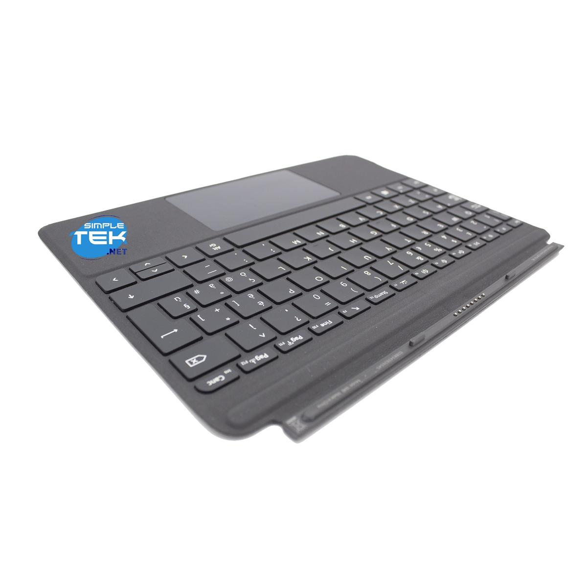 Una tastiera nera con un touchpad è su una superficie bianca. La tastiera ha tasti e un logo che dice SIMPLE TEK .NET.