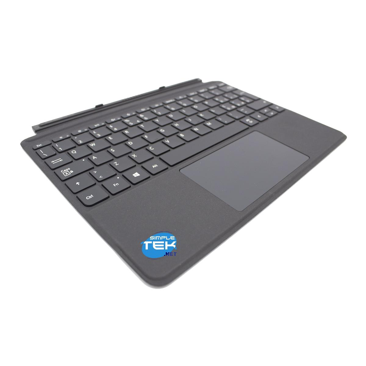 Una tastiera per tablet nera con tasti e un trackpad. Ha un logo Simple Tek in basso a destra. Sfondo bianco.