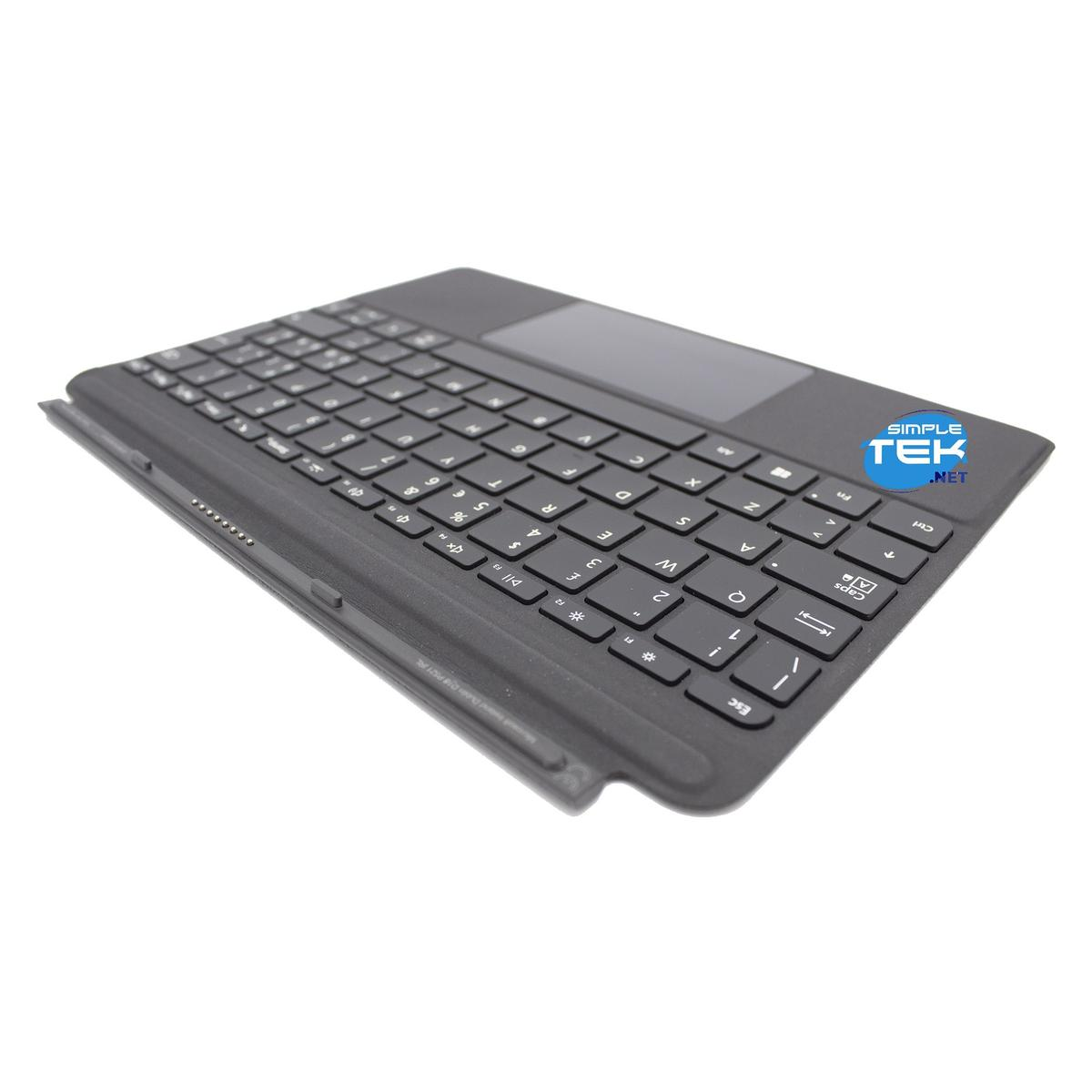 Una tastiera nera con tasti è su una superficie bianca. Un touchpad è sopra i tasti. La tastiera ha un logo Simple Tek.
