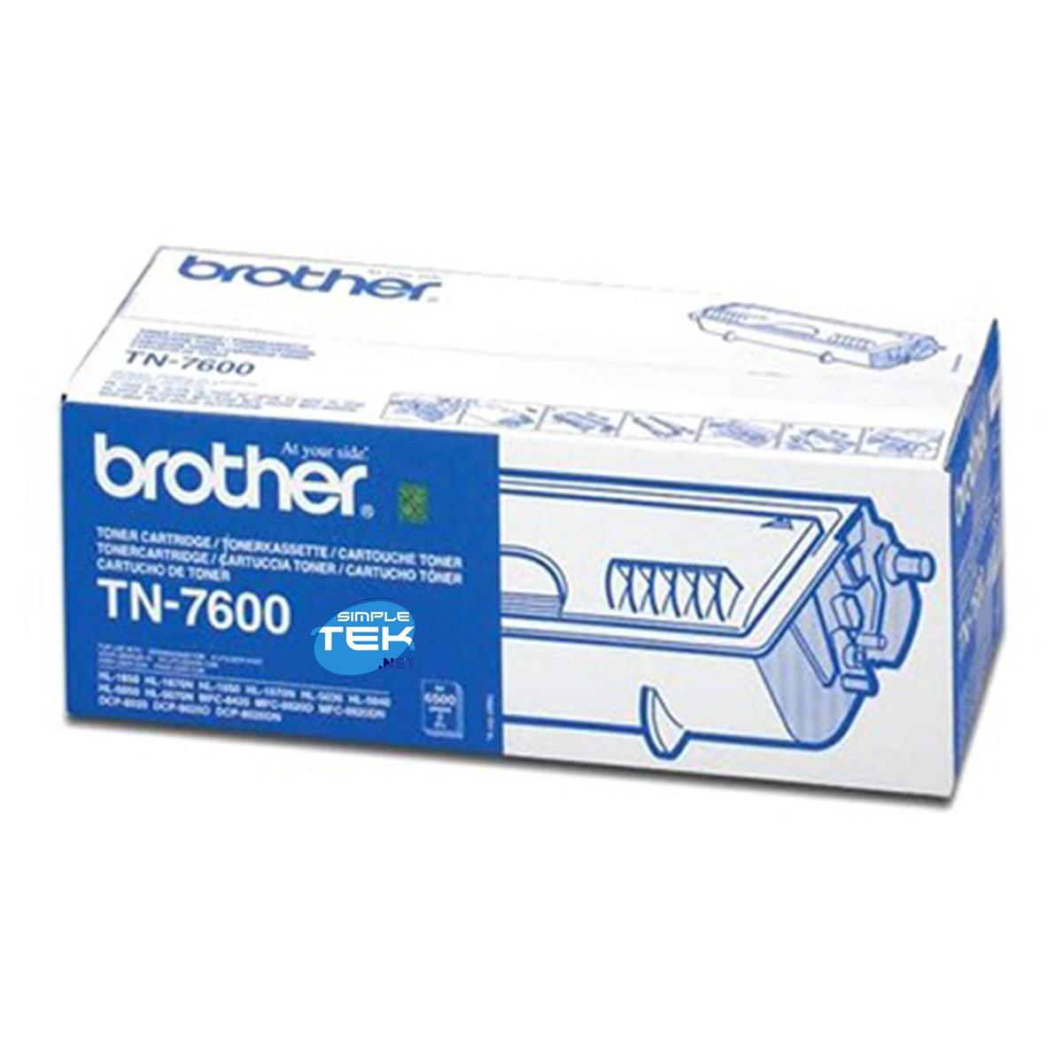 A Brother TN-7600 toner cartridge box. It is white with blue accents, the Brother logo, and text describing the product.