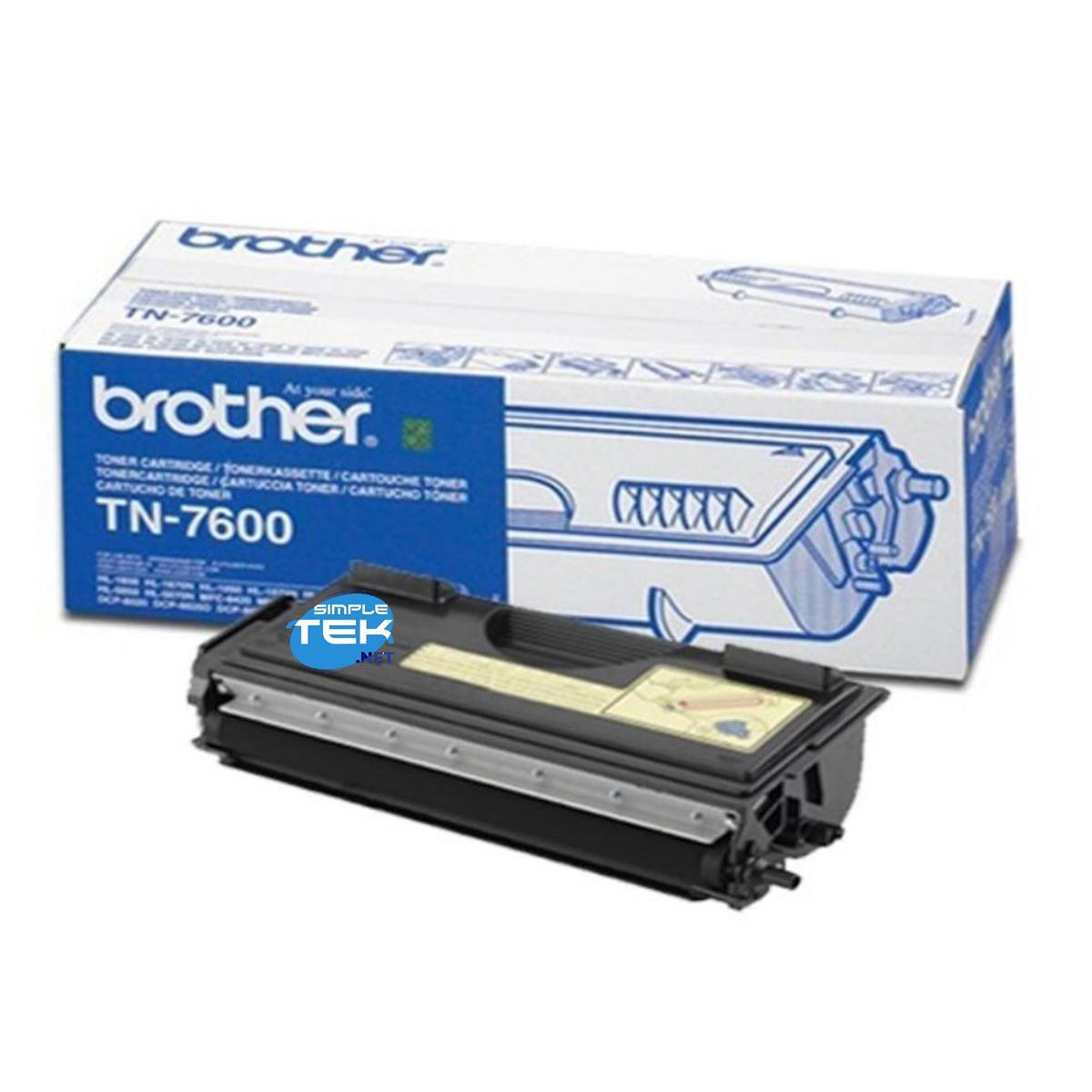 Brother TN-7600 toner cartridge and box. The box is blue and white, and the toner is black. The brand is Brother.