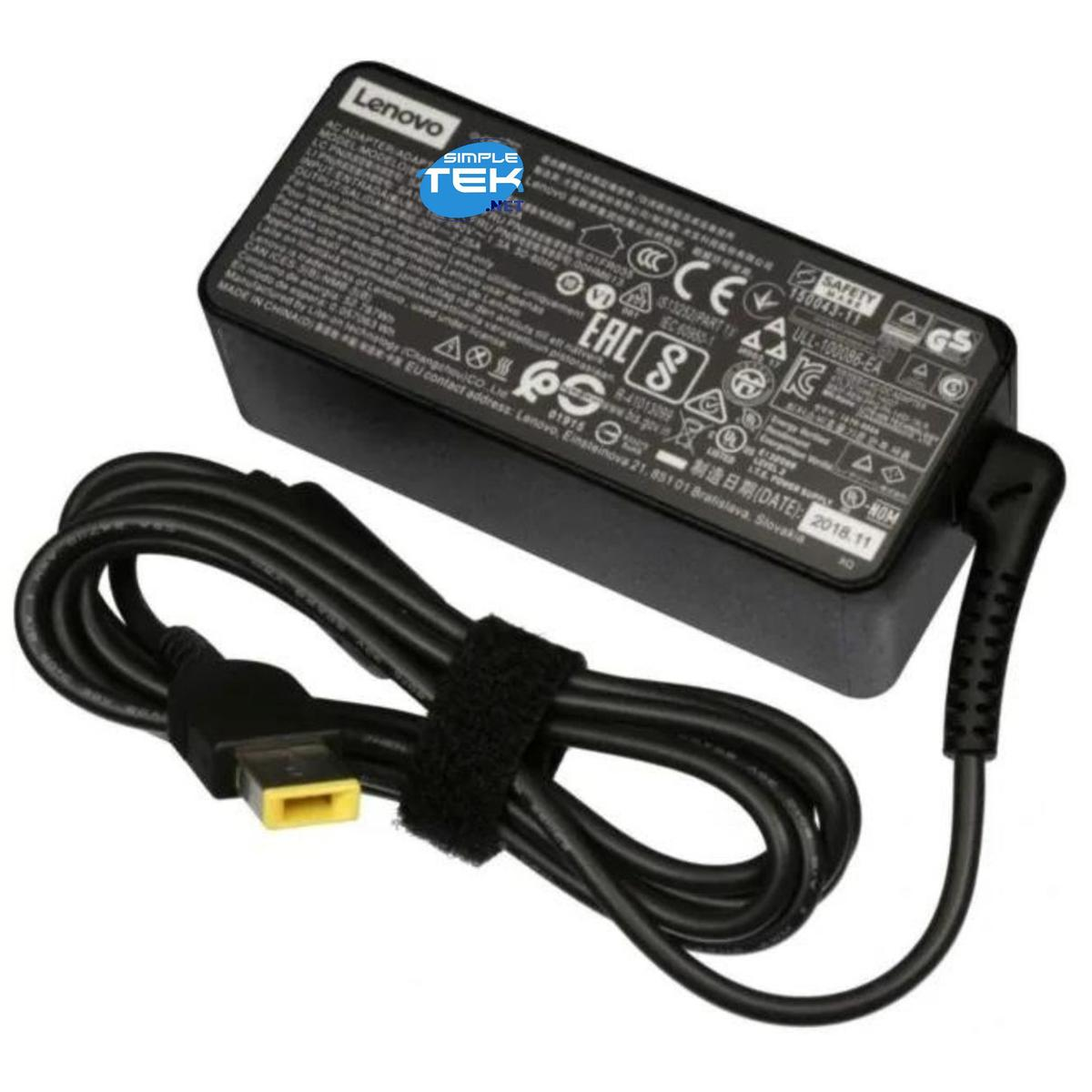Zasilacz Lenovo z czarnym kablem, czarnym rzepem i żółtym złączem. Adapter posiada znaki certyfikacji.