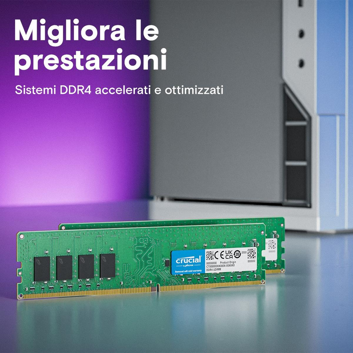 Dwa zielone paski RAM z czarnymi chipami, niebieskie logo Crucial i tekst, przed rozmytą obudową komputera.