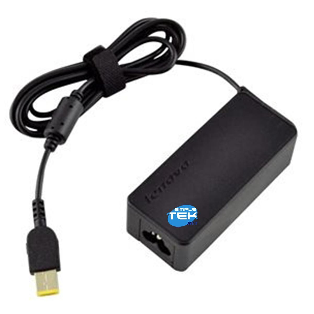 Czarna ładowarka do laptopa Lenovo. Posiada czarną cegłę, czarny kabel i złącze z żółtym końcem.