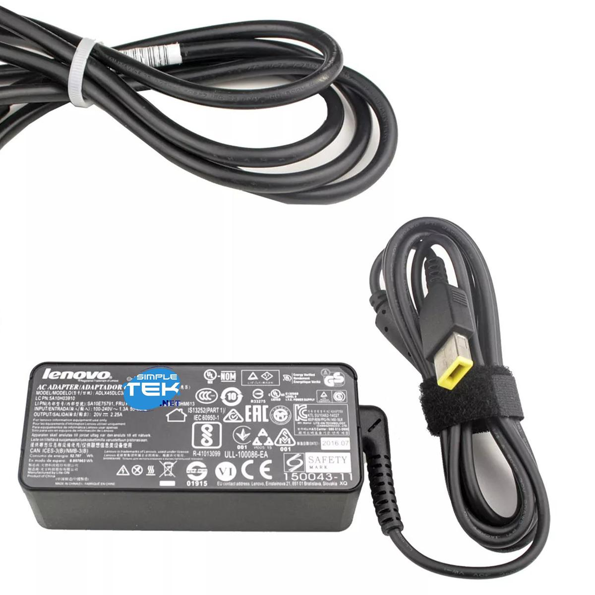 Czarna ładowarka do laptopa Lenovo z czarnym kablem, etykietą i złączem USB z żółtą zakładką.