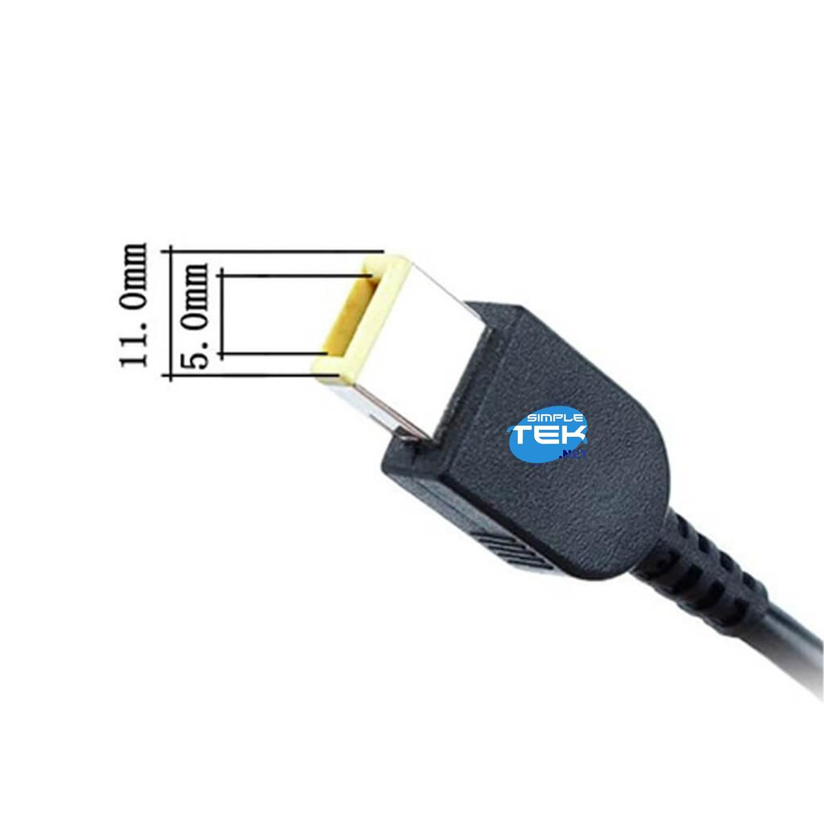 Zbliżenie czarnej wtyczki ładowarki do laptopa z wymiarami. Złącze ma białą i żółtą sekcję. Widoczne jest logo.