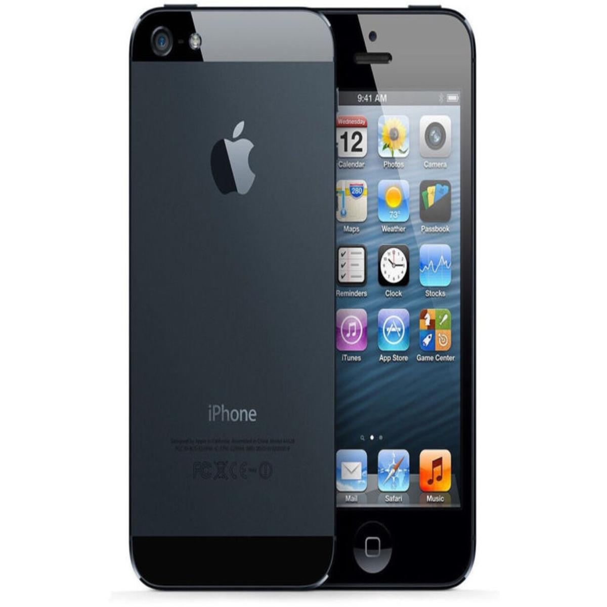 Ein dunkelgraues iPhone 5. Der Bildschirm zeigt Apps. Die Rückseite zeigt das Apple-Logo und das Wort iPhone. Die Uhrzeit ist 9:41 Uhr.