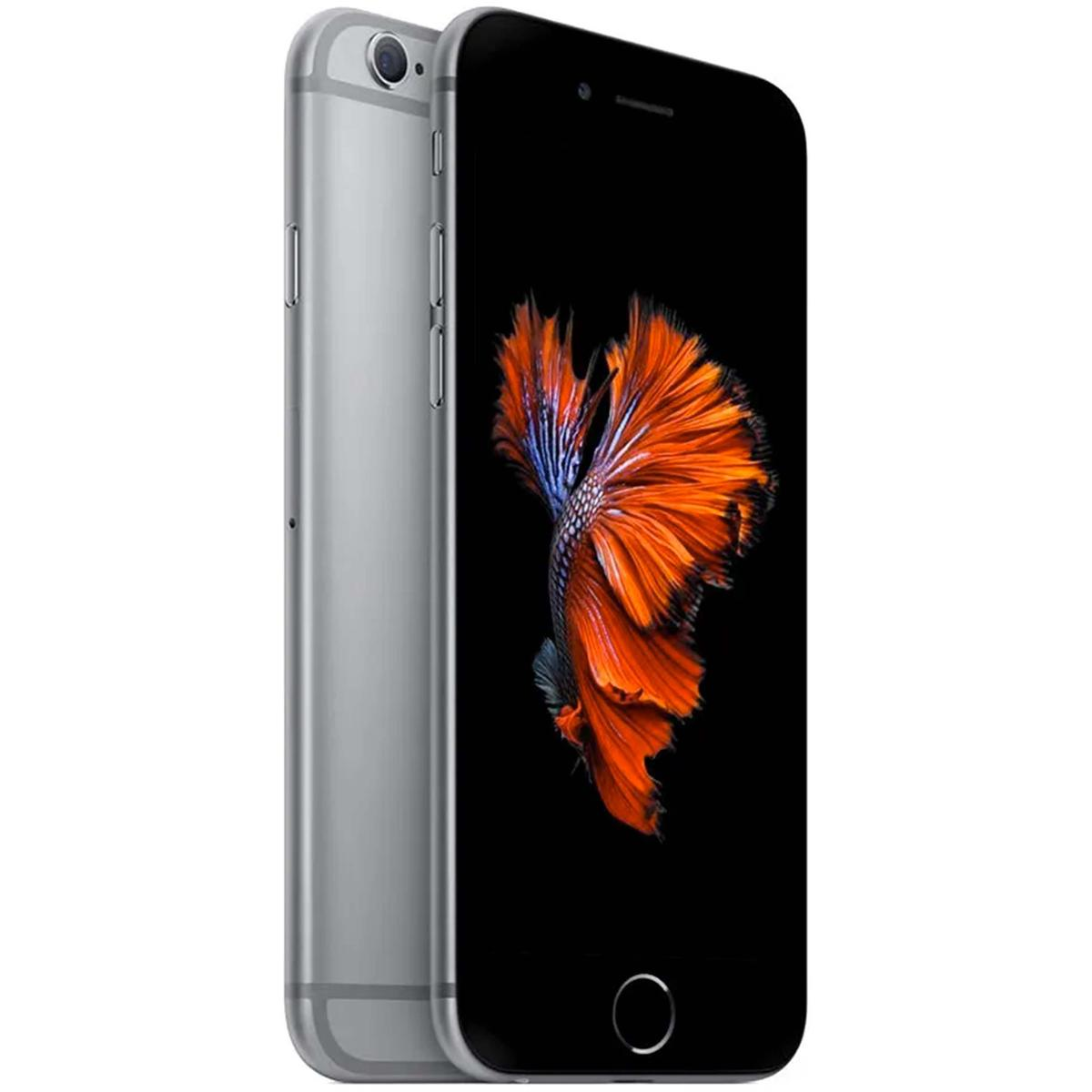 iPhone argento con schermo nero che mostra un design arancione e blu. Il telefono è leggermente angolato.