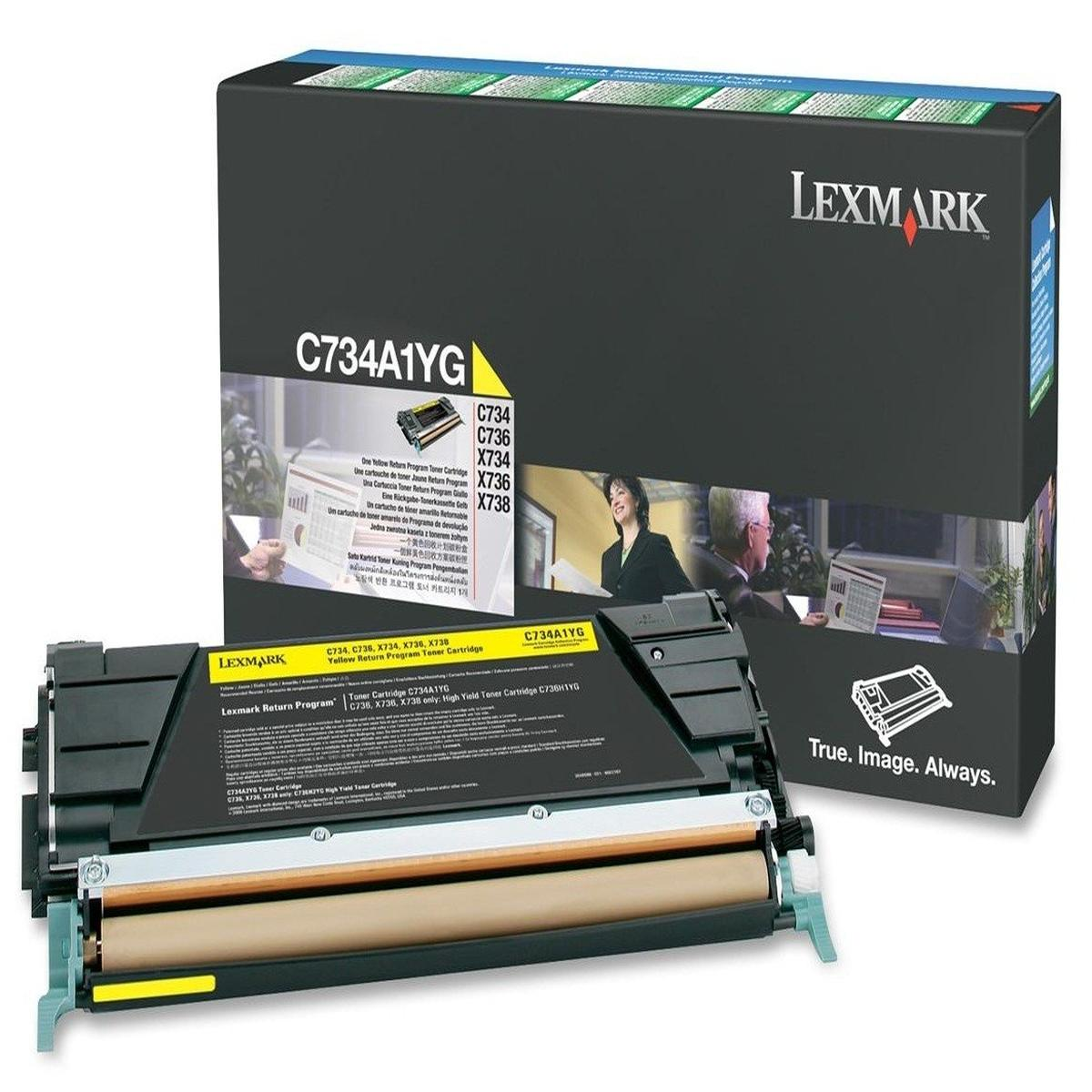 Lexmark-Tonerkartuschenbox mit gelber Tonerkartusche davor. Die Box hat Text und ein Foto.