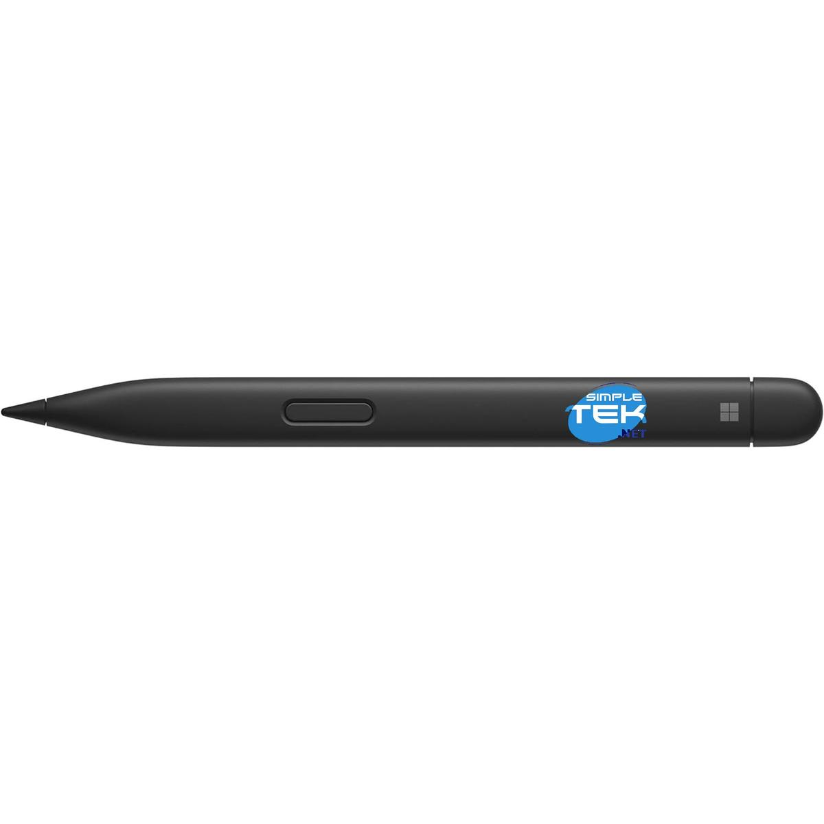 Una penna stilo nera con logo Simple Tek. Ha un pulsante e un'estremità arrotondata. Lo sfondo è bianco.