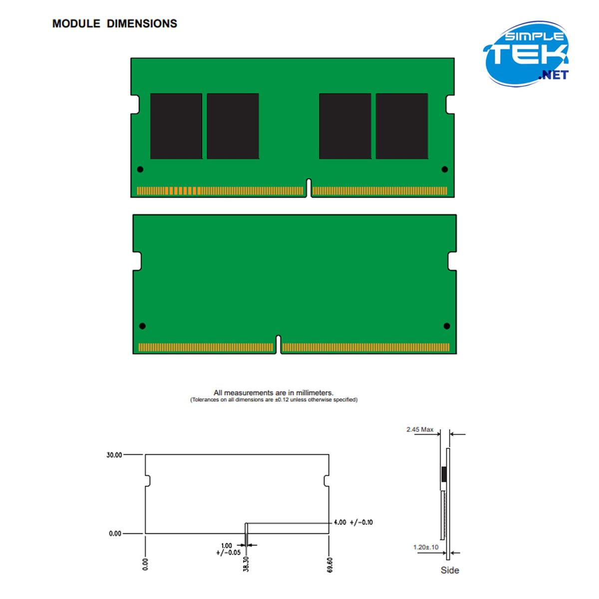 Schemat dwóch zielonych modułów RAM, wymiarów i widoku z boku. Logo Simple Tek znajduje się w prawym górnym rogu.