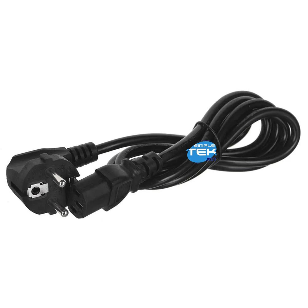 Czarny kabel zasilający z europejską wtyczką i złączem zasilania komputera na białym tle.