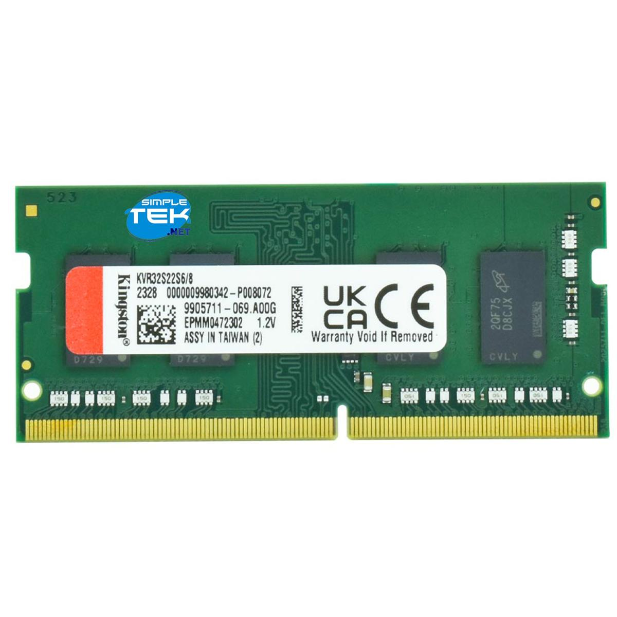 Zielony moduł RAM z tekstem i logo. Zawiera Kingston, UK CA CE i inne informacje techniczne.
