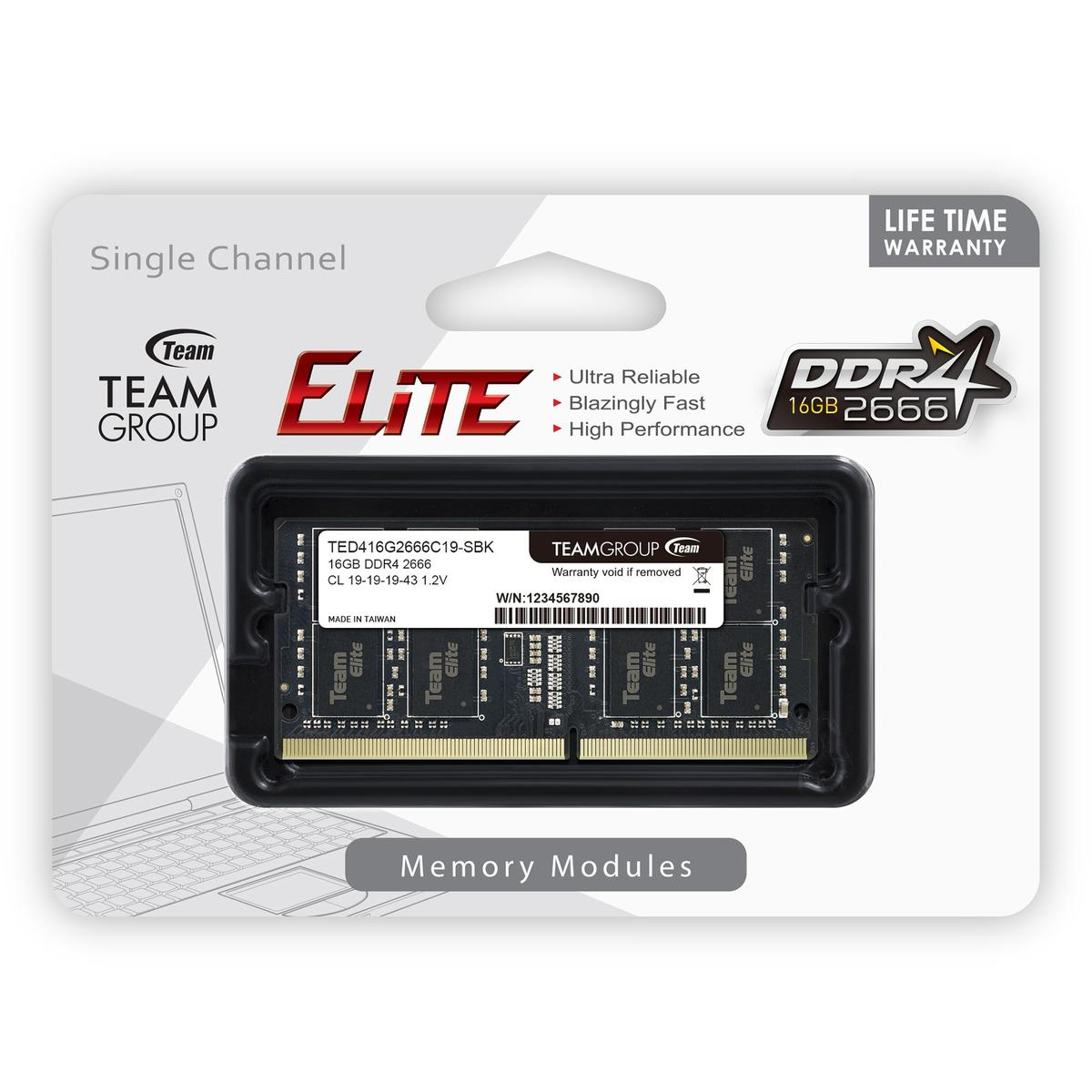 Moduł pamięci Team Group DDR4 16GB 2666 w opakowaniu. Tekst zawiera 'Elite', 'Single Channel' i 'Lifetime Warranty'.