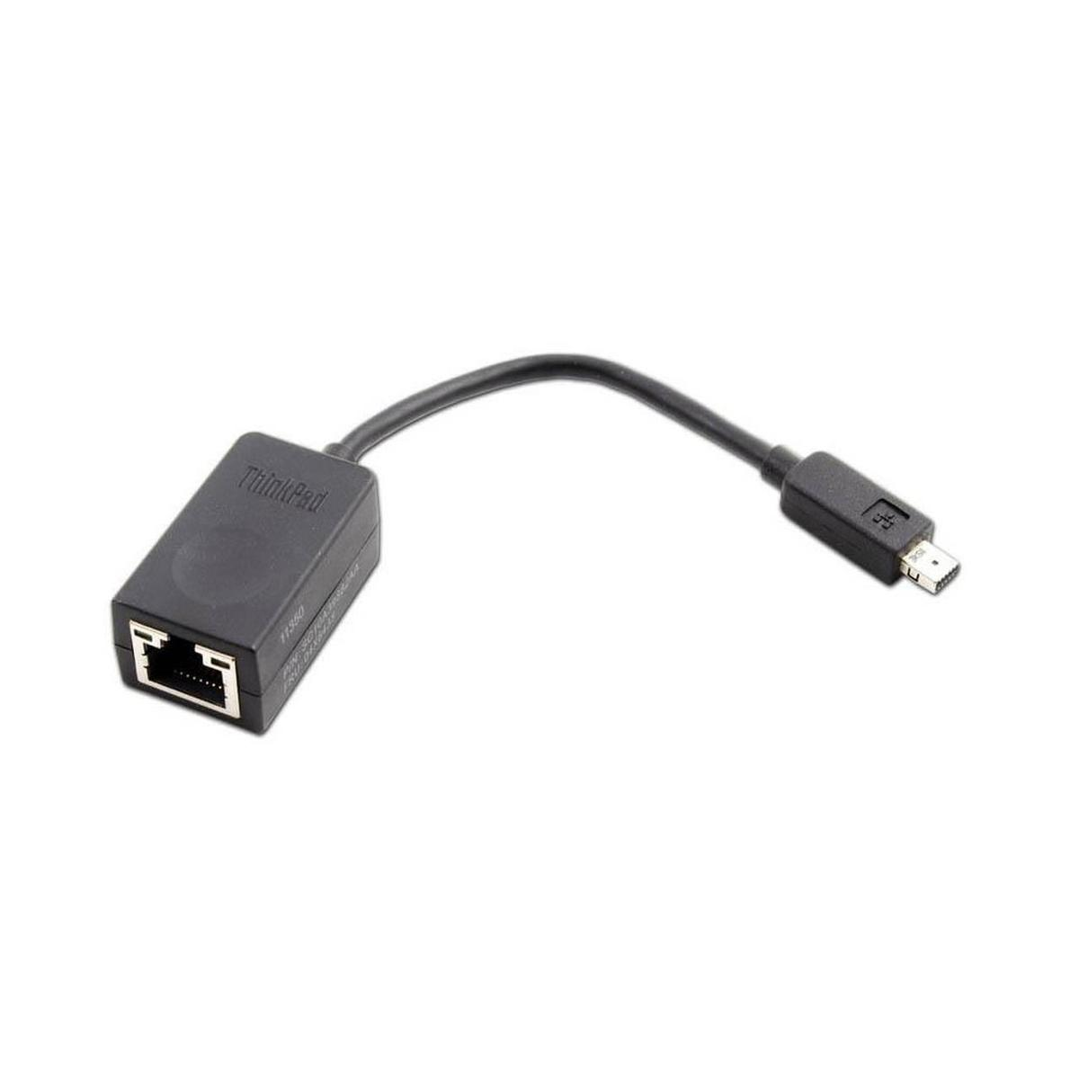 Adaptador Ethernet ThinkPad negro con micro USB y puerto RJ45, sobre un fondo blanco.